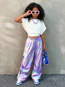 Coolane Kids Tween Girls Spring/Summer Pink Flap Pocket Side With Ribbon Drawstring Waist Wide Leg Parachute Cargo Pants Daily Casual Comfy Trousers - Mauve Purple - View 2