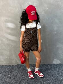 Coolane Tween Girls Spring/Summer Vintage Brown Woven Corduroy Leopard Print Casual Bib Jumpsuit - Brown - View 2
