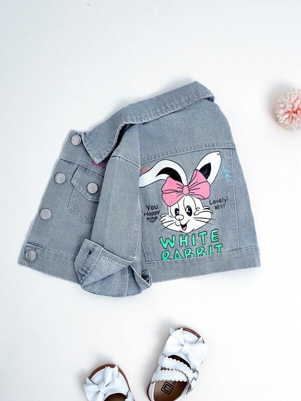 SHEIN Playful Pals Baby Girl Cute Rabbit Print Loose Comfortable Denim Jacket And Outerwear