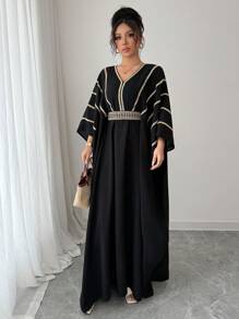 Rafferiza V-Neck Gold Lace Trim Waist Maxi Length Cover Up Dress