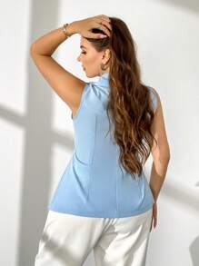 Firerie Plus Size Elegant Sleeveless Solid Color Shirt With 3D Floral Decor, Summer - Mint Blue - View 2
