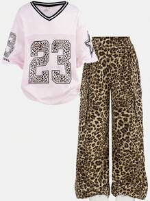 SHEIN Girlism 2pcs/Set Tween Girls Loose Casual Minimalist V-Neck Short Sleeve T-Shirt And Leopard Print Pants - Pink - View 13