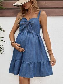 SHEIN Vestido de peto vaquero de maternidad, vestido vaquero casual ajustado con tirantes, vestido de lazo sin mangas, atuendos bohemios para conciertos de primavera/verano, playa, adecuado para fiestas, vacaciones, citas, San Valentín, té de la tarde, verano, vacaciones de primavera y verano, moda, regalos para el Día de la Madre