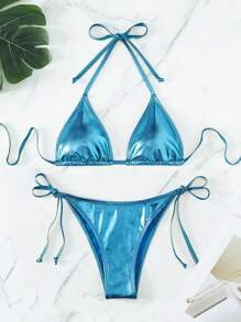 Swim Vcay Metallic Bikini Swimsuit For Summer Beach Vacation - Blue - View 5