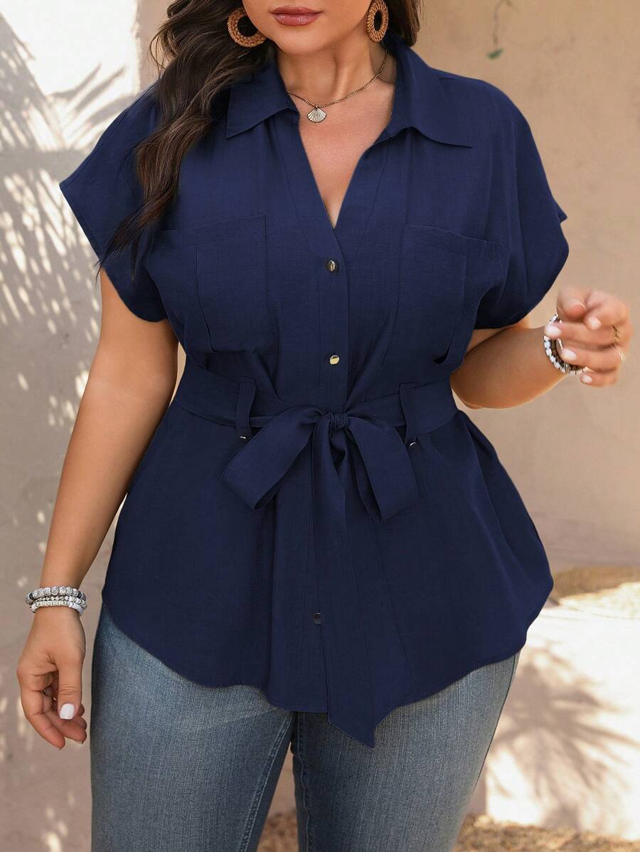 Vionelle 大码女式优雅法式纯色领口 V 领短袖衬衫，肩带腰部，适合工作、休闲和度假穿着 - 藏蓝色 - 查看 1