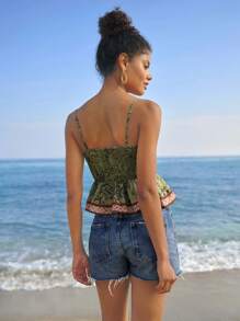 Travachic Áo ba lỗ in họa tiết nhiệt đới viền bèo nhún cho kỳ nghỉ của phụ nữ - màu xanh lá - Xem 2