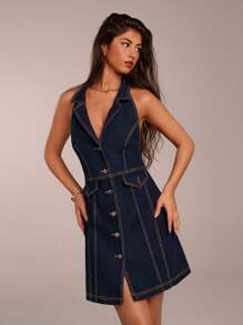 SHEIN Forever 21 1960s Dress Graduation Outfit Denim Dress Sexy Dresses Club Cowgirl Dress Navy Blue Dress - Blue - View 3