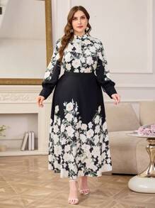 Modelyn Conjunto de 2 piezas de blusa y falda de talla grande con estampado floral elegante para mujeres - Negro - Ver 1