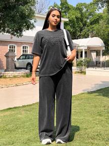 SHEIN EZwear 2件套：字母压花水洗T恤和裤子加大码 - 黑色 - 查看 5