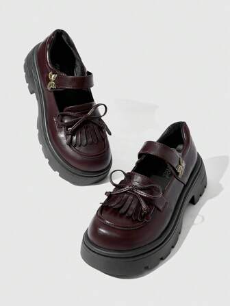 Kawaii Zapatos de estilo "Mary Janes" de mujer color marrón con hebilla, decoración de moño, estilo uniforme escolar japonés, bailarinas con cuña de taco grueso, oxfords para el trabajo