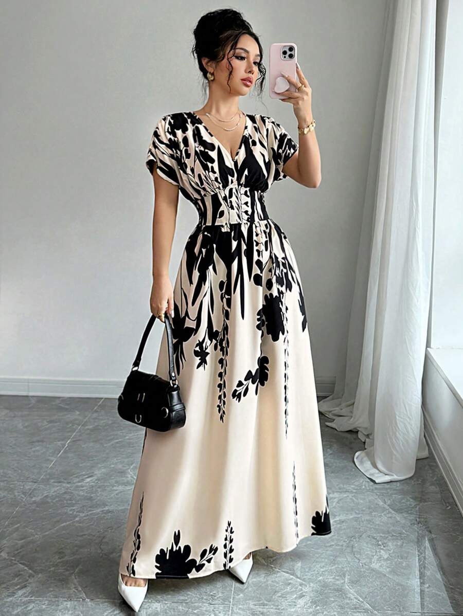 Elenzga Vestido largo con estampado floral, cintura ceñida y escote en V, elegante para primavera/verano/otoño/invierno, ropa de mujer para conciertos, vestidos de noche, apto para uso diario, viajes, temporada de bodas/festivales de música