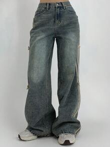 DAZY 女式蝴蝶结拼布蝴蝶结装饰休闲直筒牛仔裤 Y2k