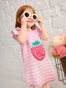 SHEIN Baby Girl Casual Simple Comfortable Round Neck Ruffle Sleeve Strawberry Print Dress - Pink - View 6
