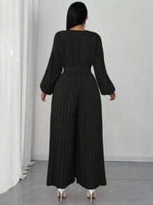 Vionelle 女式加大码优雅交叉领系带蝴蝶结褶皱连体裤，长袖百搭时尚