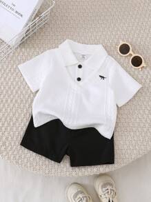 SHEIN 2pcs/Set Baby Boys 2 In 1 POLO Collar Short Sleeve Shirt & Shorts Outfit, Textured Fabric Design, Gentleman & Cute Style, Versatile & Comfortable For Baby Boy Summer Wear - Multicolor - View 3