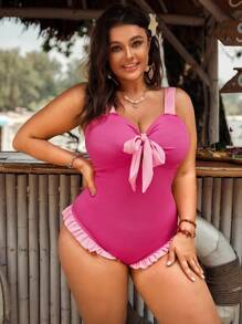 SHEIN VCAY Plus Size Women Contrast Color Knotted Front Cami One-Piece Swimsuit For Summer Beach Vacation - Hot Pink - View 5