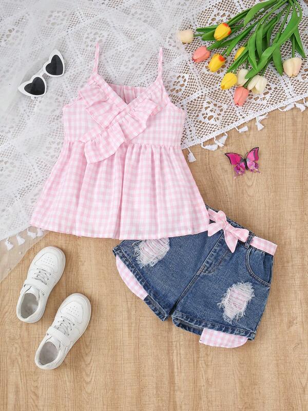 SHEIN Vintaside Kids 2pcs Girls Casual Outfit: Ruffle Strap Top In Pink & Distressed Denim Shorts In Blue With Plaid Belt, Stylish & Versatile For Everyday Wear