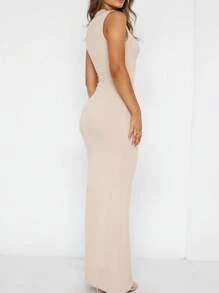 INAWLY Solva Women's Solid Color Button Half Placket Fitted Casual Sleeveless Midi Dress - Apricot - View 2