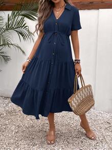 SHEIN Maternity Solid Color Short Sleeve Single-Breasted Casual Shirt Dress - Navy Blue - View 3