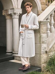 EverLounge Men's Contrast Trim Double Pocket Long Sleeve Robe - Khaki - View 1