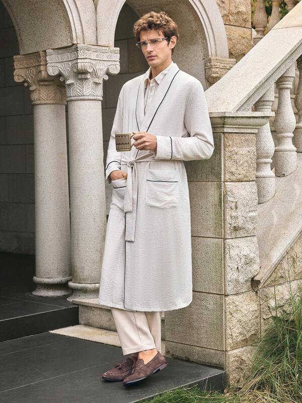 SHEIN EverLounge Men's Contrast Trim Double Pocket Long Sleeve Robe