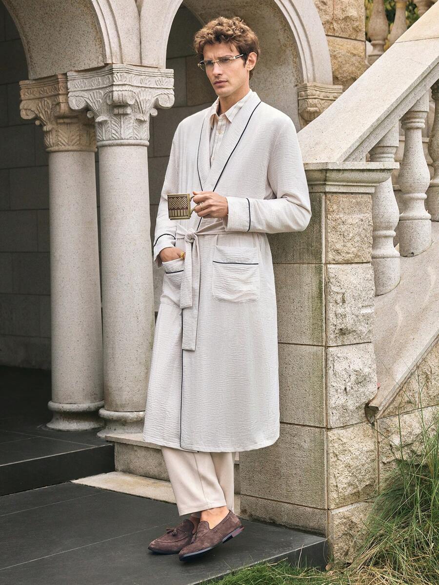 EverLounge Men's Contrast Trim Double Pocket Long Sleeve Robe - Khaki - View 1