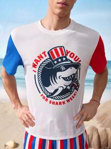 Shark Week X SHEIN Men's Colorblock Letter Print Round Neck Short Sleeve T-Shirt And Striped Print Shorts 2 Pieces Set - Multicolor - View 4