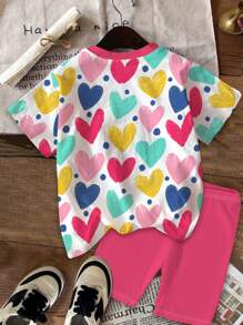 SHEIN 2 件套年轻女孩休闲心形印花短袖上衣和短裤套装，粉色，夏季 - 彩色 - 查看 3