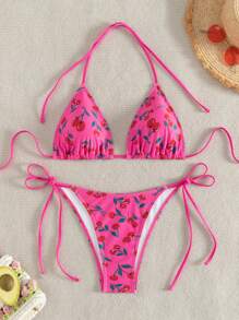 Swim Mod Cherry Print Halter Twist Bikini Set, Random Printed