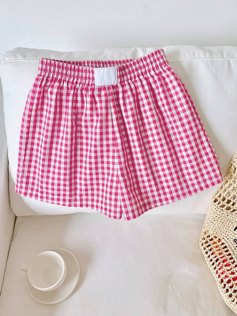 Comfortcana Women's Casual Woven Checkered Elastic Waist Shorts, Summer - Hot Pink - View 1