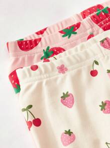 Cozy Pixies Baby Girls 4pcs Graphic Snug Fit Pajama Set - Strawberry Pattern Knit Soft Crew Neck Long Sleeve Top & Elastic Waist Leggings Cartoon - Pink - View 5