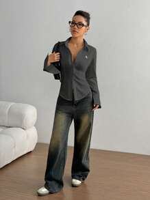 TRNVIE Ladies Embroidered Fitted Shirt, Casual & Office Wear Fall Cloth For Women - Grey - View 5