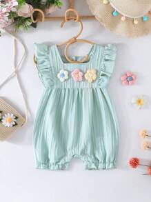 Pelele para bebé niña con volantes en las mangas, decoración floral tejida multicolor y volantes, estilo casual y lindo para exteriores en verano - verde menta - Ver 1