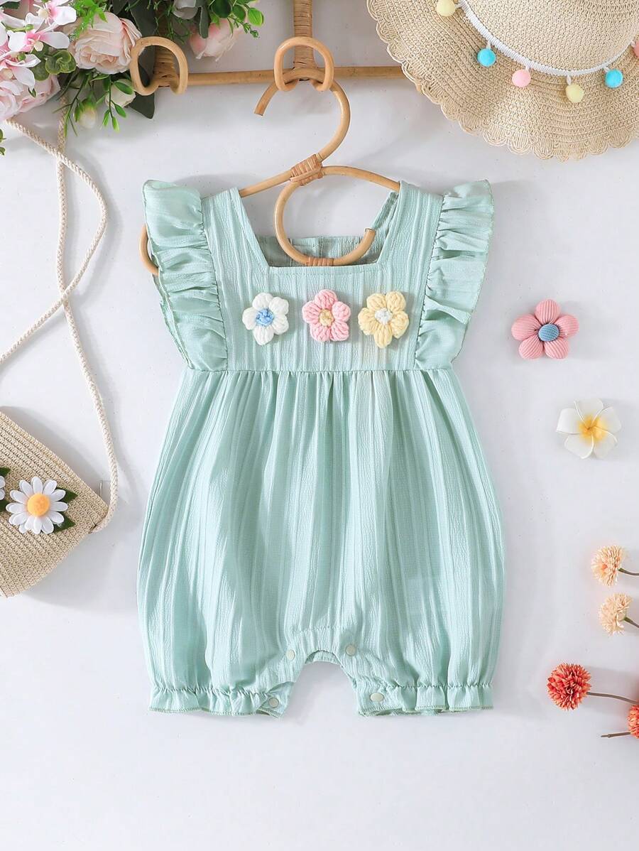 Pelele para bebé niña con volantes en las mangas, decoración floral tejida multicolor y volantes, estilo casual y lindo para exteriores en verano - verde menta - Ver 1
