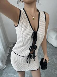 Chiquease 2pcs/Set Women V-Neck Cropped Top And Mini Skirt Set - Apricot - View 8