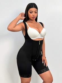 SHEIN EZwear Mono ajustable con escote en V profundo y cremallera delantera para mujer de talla grande