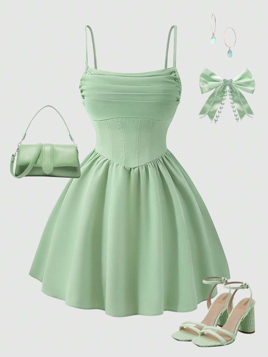 Sparklyn 少女纯色时尚褶饰荷叶边吊带连衣裙 - 綠色 - 查看 1