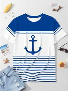 Manfinity RSRT Fashionable Casual Mature Vacation Style Nautical Anchor Striped Ombre Graphic Print Slim Fit Short Sleeve T-Shirt For Men, Suitable For Outdoor, Vacation, Dates, Parties, Great Gift For Boyfriend - Multicolor - View 3