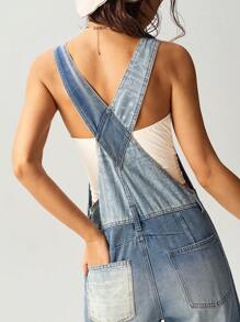 Bohemela 女士宽松纯色梭织牛仔背带裤，带口袋，休闲