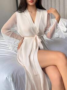 DAZY Women's Satin Splice Mesh Sleeve Crochet Trim Decorative Bathrobe Pajama