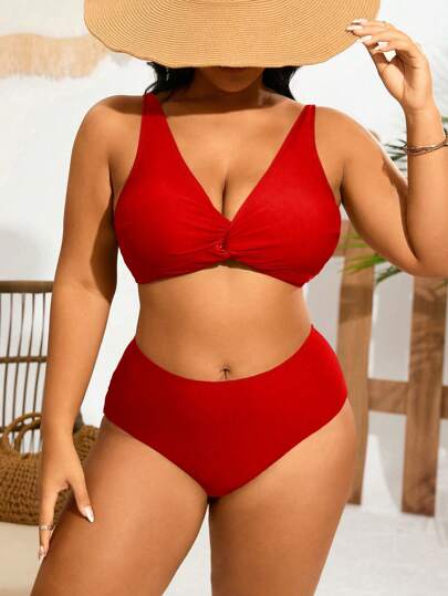 Swim Lushoire Plus Size Solid Color Halter Neck One-Piece Swimsuit With Triangle Bottoms For Summer Beach Vacation