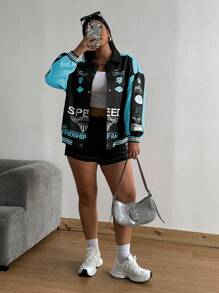 POPSWAY Plus Size Women Street Style Contrast Color Letter Print Drop Shoulder Jacket - Teal Blue - View 5