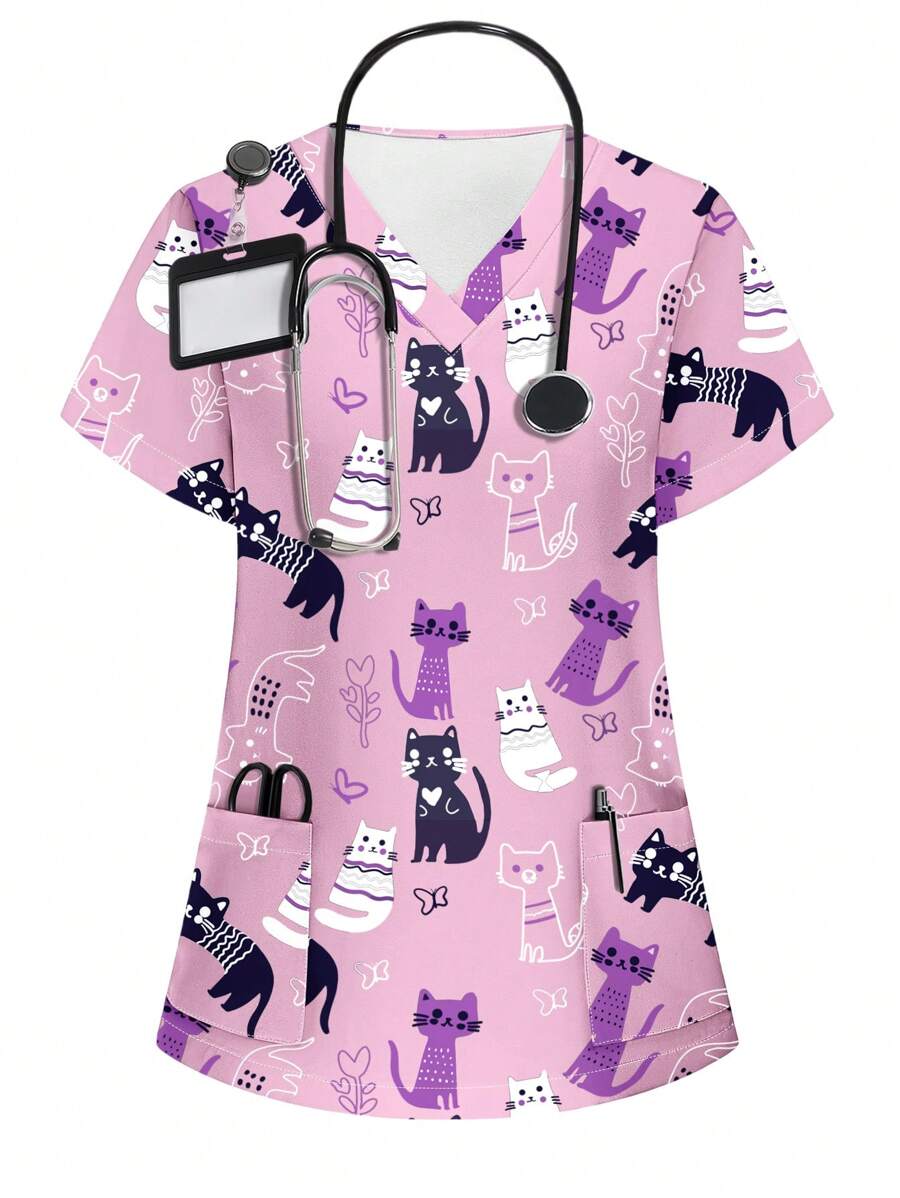 PopScrub Cat Print Short Sleeve /Nursing Scrub Uniform Top Women Summer Tops Women Scrubs Scrub Sets For Women Women Scrubs Nurse Scrub Sets Women,Women's Fashion Casual Sports Scrub Tops, Business Women Clothing, Women's Summer Tops Multi-Occasion Wear Versatility, Women's Summer Beach Shirts,Tops With Cute Puppies, Bees, Insects, Kittens, Flowers, Grass, Trees, Hearts, Clouds, Ice Cream, Donuts, Butterflies, Starfish, Tie-Dye And Other Printed Patterns - Mauve Purple - View 1