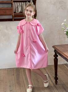 Tween Girl Cute Peter Pan Collar 3D Heart Texture Loose Fit Fashionable Dress - Pink - View 5