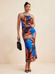 Armand Women Summer Floral Printed Satin High Waist Flared Midi Skirt, Vacation Summer - Blue - View 2