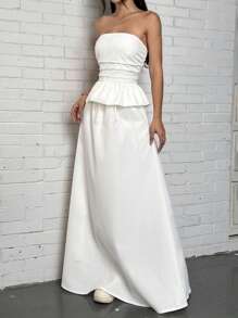 SHEIN EZwear Women's Summer Fashion Solid Color Ruched Tube Top & Extra Long Skirt 2pcs Set
