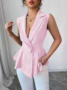 Elenzga Women's Fashionable Elegant Sleeveless Shirt, Open Front, Large Buttons, Lapel Collar, Waist Cutout, A-Line Asymmetric Hem, Green Woven Fabric, Suitable For Holiday - Pink - View 5