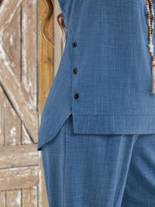 EMERY ROSE 2 Pieces Set Women Plus Size Summer Round Neck Sleeveless Button Decoration Blue Shirt/Vest And Pants Set, Vacation Outfits Women,Casual  Everyday Wear - Blue - View 6