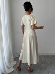 Gloray Women's Deep V-Neck Ruched Elegant Mid-Length Dress - Khaki - View 2