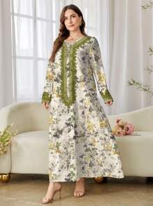 Al Najma 大码女式优雅花卉印花拼布松紧带宽松连衣裙，端庄